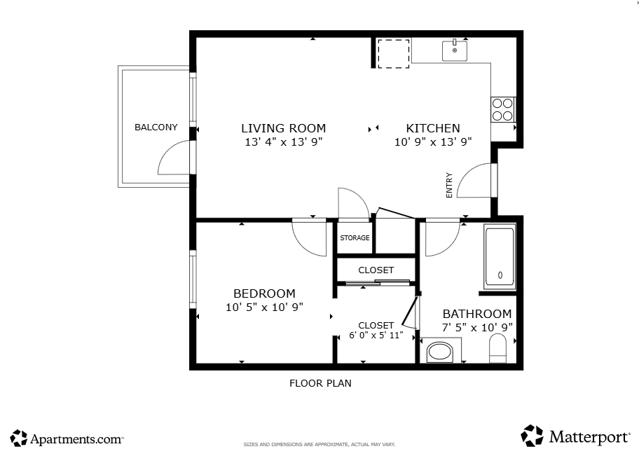 Floor plan for 1 bed, 1 bath, 658 sqft